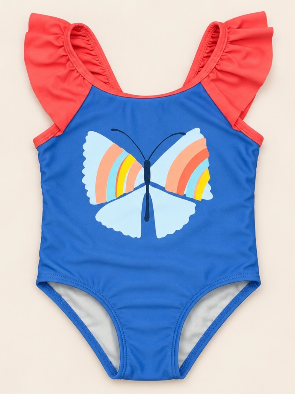 Girls' Blue Butterfly One-Piece Swimsuit with Coral Ruffle Straps